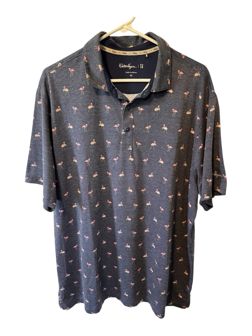 Walter Hagen Heather Navy Golf Polo Pink Flamingo Motif Short Sleeve Size XL